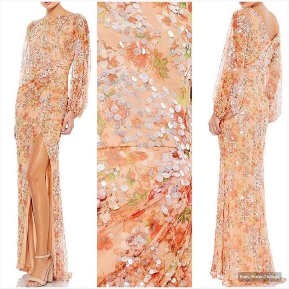 Mac Duggal 93547 Womens FLORAL PRINT SEQUINED PUFF SLEEVE GOWN - Picture 1 of 14